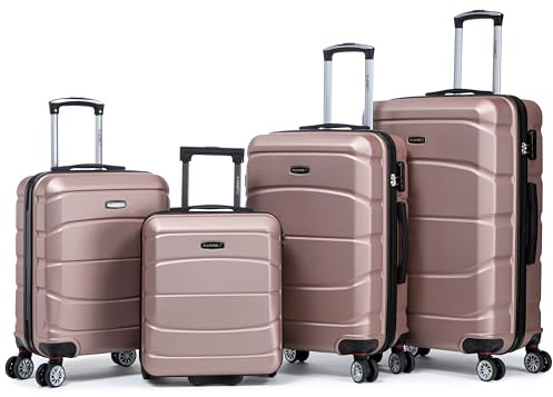 R.Leone Valigia da 1 Fino a Set 4 Trolley Rigido grande, medio, bagaglio a mano 55x40x23 cm Wizz, ITA Airways e bagaglio 45x36x20 cm EasyJet in ABS 8001 (Rose Gold, Set 4 Pezzi XS S M L)
