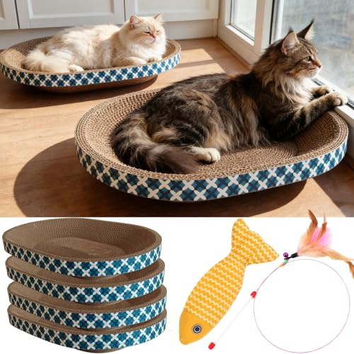 Spindro Letto Tiragraffi per Gatto con Giocattoli, Confezione da 4, Tiragraffi Ovale in Cartone, Ciotola Gratta per Interni, Cuscinone con Pesce alla Nepeta & Bacchetta con Piume, Proteggi Mobili