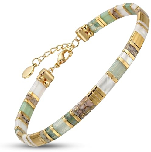 Generisch Armband Damen mit Beige-Grün-Goldenen Perlen – Verstellbares Perlenarmband Damen– Flaches Tila -Armband Perlen im Boho Schmuck Stil – Elegantes Perlenarmband Damen bunt