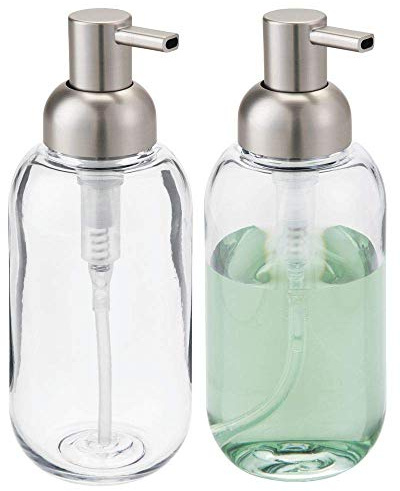 mDesign Round Plastic Refillable Liquid Soap Dispenser Pump Bottle for Bathroom Vanity Countertop, Kitchen Sink - Holds Hand Soap, Dish Soap, Hand Sanitizer, Essential Oils - 2 Pack - Clear/Brushed