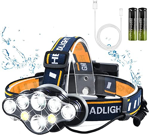 8 LED Stirnlampe USB Aufladbar mit SOS Rotlicht, Super Hell Leicht Wasserdicht Kopflampe, 8 Modi Perfekt für Camping, Fischen, Keller, Laufen, Joggen, Wandern, Lesen, Arbeiten