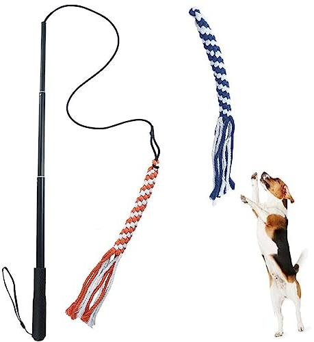 ASOCEA Flirt Pole for Dogs，Extendable Teaser Wand Pet Flirt Stick Outdoor Interactive Toy with 2 Chasing Tail Chewing Cotton Rope for Small Medium Large Dogs Training Pulling