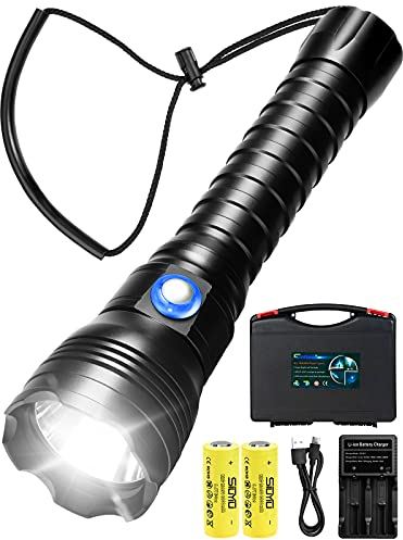 Siuyiu Dyklampa, 6 000 lumen undervattenslampa, djupaste 150 m IPX68 vattentät ficklampa, hög lumen XHP70 LED-ficklampa drivs av 2 x 6 000 mAh uppladdningsbart batteri, 4 lägen ficklampa för nattdyk