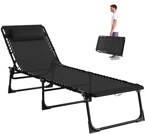 Outsunny Tumbona Plegable, Tumbona Jardín Exterior Reclinable 4 Posiciones con Reposacabezas y Marco de Acero, Carga 120 kg, para Terraza, Piscina, Playa, 189x58x30 cm, Negro