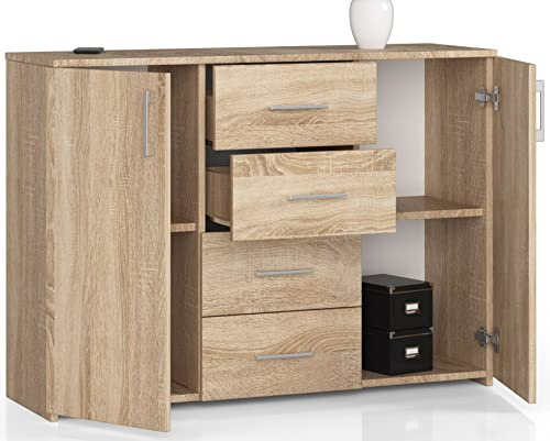 Kommode mit 4 Schubladen und Zwei Türen, Sideboard, Multifunktionsschrank, Wohnzimmer, Esszimmer 110x80x35cm VIELE Farbe! (Eiche Sonoma)
