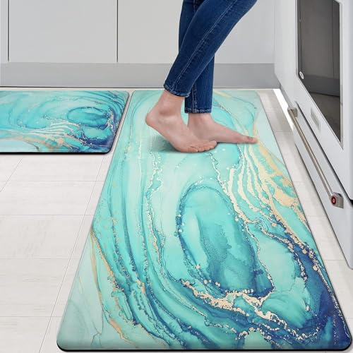 MAYHMYO Küchenteppiche und -matten, 2er-Set, blaugrün, Marmor, Gold, Anti-Ermüdungsmatte, PVC, rutschfest, türkis, Schaumstoffpolsterung, Küchenmatten für Boden, Esszimmer, Zuhause, Büro, Spüle,