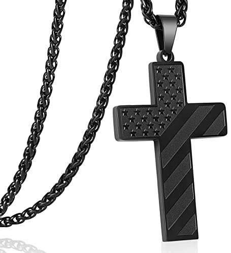 DuoDiner Graduation Gifts-Cross Necklace for Men Boys American Flag Black Pendant First Communion Confirmation Baptism Christian Gifts Teen Teenage Boys (Joshua 1:9)