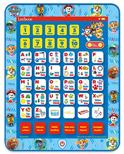 Lexibook JCPAD002PAi4 Paw Patrol Pädagogisches zweisprachiges Tablet, Buchstaben Zahlen Wörter Rechtschreibung und Musik, Englisch/Portugiesisch, Blau