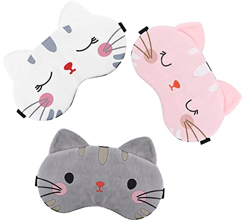 3 Stücke Schlafmaske Kinder Weiche Schlafbrille mit Verstellbaren Trägern Cartoon Katz Sleeping Mask Kinder Mädchen Augenbinde Schlafmasken Schlaf Reise Erwachsene Augenmaske Frauen Damen