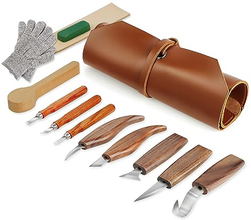 Tekchic Wood Carving Tools Whittling Kit- Woodworking Large Whittling Kit, Deluxe Spoon Carving Knife Kits for Beginners, 13 Knives Set with Leather Case