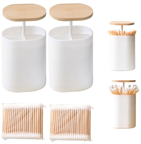 Sonwaha 2 Stück Pop-ups Wattestäbchen Behälter+200 Wattestäbchen Bambus Pop-ups Ohrstäbchen Behälter mit Bambusdeckel,Wattestäbchenhalter mit Deckel Ohrenstäbchen Aufbewahrung