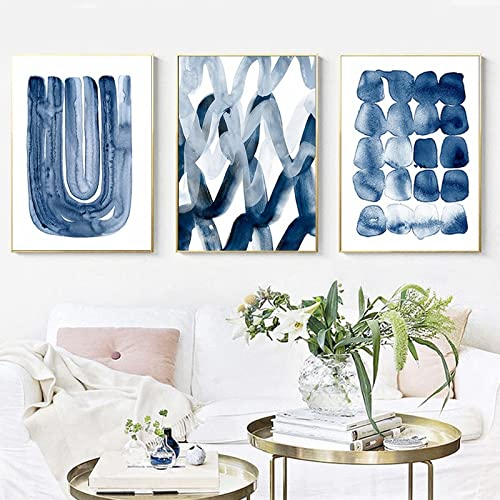 CPGG Pintura de Acuarela Abstracta Minimalista Azul Marino Cuadro Sobre Lienzo para Pared Póster Impresión Cuadros de Pared para Sala de Estar Decoración del Hogar-40 * 50Cm-3 Piezas (Sin Marco)