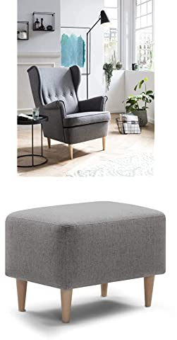 Traumnacht bequemer und moderner Ohrensessel, Polstersessel, Relaxsessel Edgar mit Holzfüßen, produziert nach deutschem Qualitätsstandard, grau + passender Fußhocker,grau
