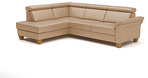 CAVADORE Leder-Eckcouch Ammerland mit Ottomane / Landhaus-Sofa mit Federkern + Kopfteilverstellung / 245 x 84 x 194 / Leder Beige