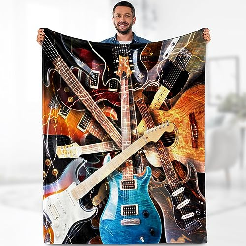 Music Guitar Blanket Gifts - Retro Rock Musical Instruments Theme Throw for Music Enthusiast Band Singer Fuzzy Fleece Cozy Plush Birthday Christmas lightweight for Men Teens Kids Adults 50x60
