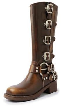 Cintura con Fibbia Stivali Cavaliere Tacco Spesso Testa Quadrata Stivali Cowboy Occidentale retrò Donna Autunno e Inverno Stivali Alti in Pelle Morbida Stivali Biker Casual