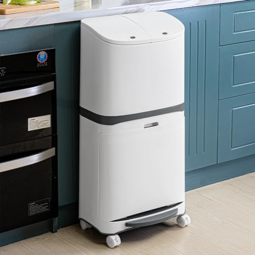 Warmiehomy Recycling Bins for Kitchen 48L Double Bin with Pedal Dry and Wet Separation Trash Can 3 Compartment Garbage Bin with Wheels