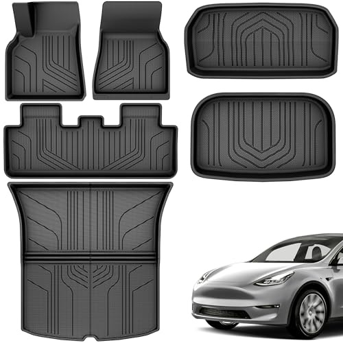 YITAHOME Tesla Model Y golvmattor i set, alla väder halkskydd hög vägg 3D vattentäta gummimattor set med halkfria mattor, kompatibel med modell Y 2024 2023 2022 2021 2020 (6 stycken golvmattor)