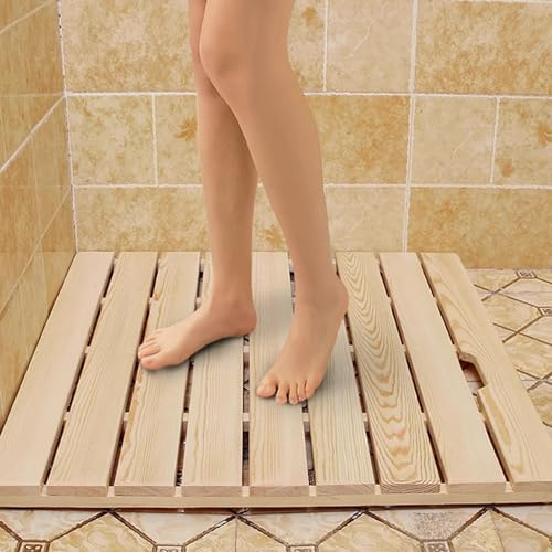 Rechteckige Holz Badematte,Entenbrett,Duschmatte,Küchenmatte,Lattenrost-Design,Griffdesign,Rutschfeste Bambus Badematte,Schnell Trocknende Saunamatte Badvorleger Duschvorleger (120x70cm/47x28in)
