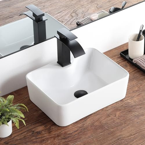 KARAMAG Small Vessel Sink 16x12 Bathroom Sink Modern Above Counter Rectangular 16 Inch Bathroom Sinks With Faucet Hole White Porcelain Ceramic Tiny Bathroom Sink