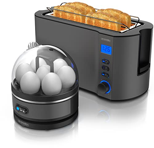 arendo Set Ensembles Grille-Pain MANHA et cuiseur à Oeufs SEVENCOOK INOX Cool Grey, Toaster 4 tranches écran LED 6 degrés de brunissage Support viennoiserie Cuiseur à Oeufs 1-7 Oeufs Verre doseur