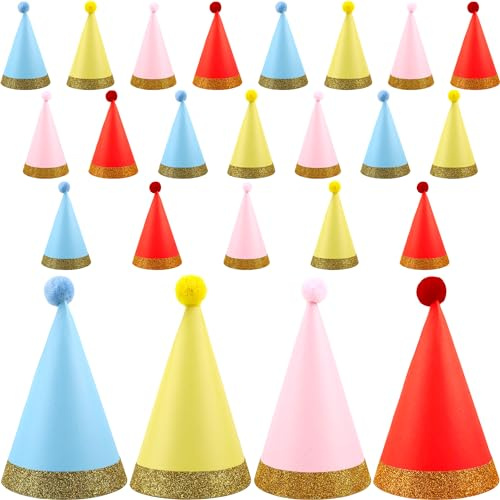 Rcanedny 24 Pcs Birthday Party Hats Glitter Cone Party Hats with Pompom for Kids Adults Birthday Christmas Party Favors Supplies, 4 colors