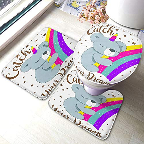 Set 3 Teilig Badvorleger Koala Süßer Magischer Koala Mit Einem Einhorn, Das Auf Dem Regenbogen Schläft Badgarnitur Badematten Dekorative rutschfeste Fußmatte Set, Für Wohnzimmer, Wc-Sitz Bezug