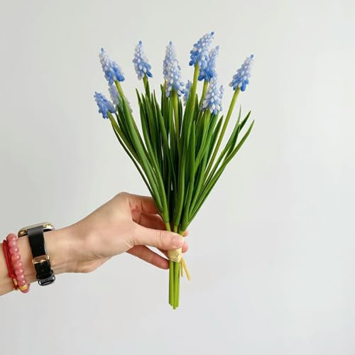 WSFSDAN 1 bukett blå druvhyacinter blomma liten konstgjord lila hyacint bukett dekoration brud bröllop bukett blomsterarrangemang – blå hyacint