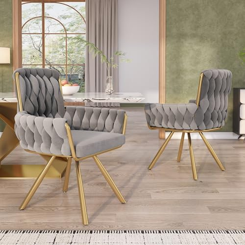 Merax Drehstuhl 2er Set, Moderne Esszimmerstuhl mit hoher Rückenlehne, Polsterstuhl aus Samt, Armlehnstuhl Drehbar mit Metallbeinen, für Esszimmer, Wohnzimmer, Schlafzimmer, Grau