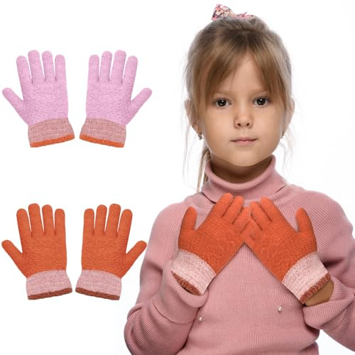 Becellen 2 par stickade handskar för barn, hela fingrar, elastiska handskar, varma magiska handskar för pojkar och flickor, Röd, lila, En Storlek