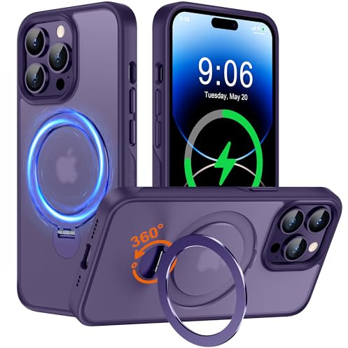 Derwav Multi-in-1 [Magnetic+ Kickstand+ Ring Holder] for iPhone 14 Pro Case, Compatible with MagSafe, 360° Rotatable Stand with Military Shockproof Silicone Frame Protection Magnetic Cover, Purple