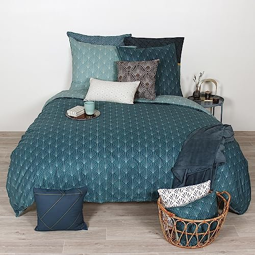 CÔTE DECO Parure de lit 240x260 Adulte - Housse de Couette 240x260 cm + 2 Taies d'oreiller 63x63 cm Motif imprimé Gatsby géométrique Bleu – Set de Housse de Couette en Microfibre