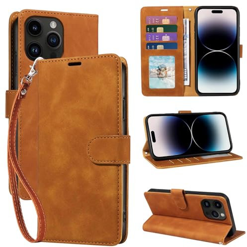 GOTOURED for iPhone 14 Pro Max Phone Case Wallet, RFID Blocking 4 Card Slots, Wrist Strap, Kickstand, Magnetic Closure, Shockproof Protective Soft Leather Flip Cover (Brown)