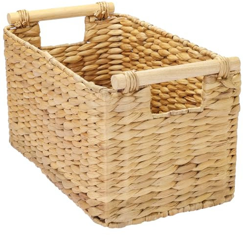 HMF Aufbewahrungskorb Badezimmer, Korb geflochten aus Wasserhyazinthe mit Holzgriffen | 37 x 22 x 20 cm