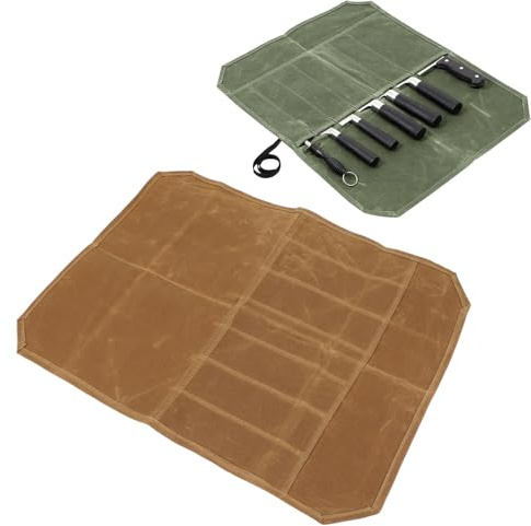 Fockety Rotolo per Coltelli a 7 Tasche, Rotolo per Coltelli in Tela Cerata, Portacoltelli Portatile, Borsa per Coltelli Rustici, Borsa Impermeabile per Coltelli da Chef, Borsa per (Cachi)