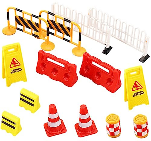 HAWILLOSCH 14 Stück Kinder Verkehrszeichen Spielzeug Miniatur Verkehrskegel Und Straßensperren Aus Robustem Kunststoff Für Verkehrserziehung Und Sandkasten Spiel