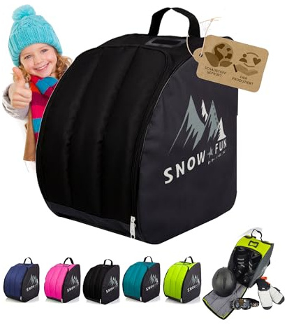 BAMBINI WELT Sac à dos pour bottes de ski pour enfant – Sac à dos avec surface de support intégrée – Sac à dos de ski en Cordura robuste – Espace pour bateaux, casque, lunettes de ski et gants (noir