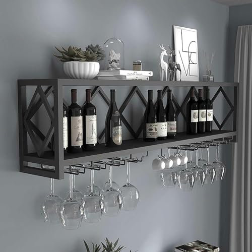 Estante de vino de 2 niveles montado en la pared con estante para copas de vino de hierro para el hogar, bar, comedor, cocina, exhibición de almacenamiento multifuncional, color negro (80 x 25 x 45