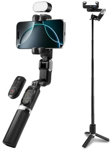 Spigen Gimbal Stabilizer for Smartphones Selfie Stick Phone Tripod with Auto Face Tracking, RGB Light, Wireless Remote 360°of Vertical&Horizontal for TiKTok YouTube Video Recording iPhone Android