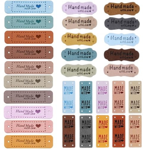 XYTAHDM 30 Stück Handmade Label zum annähen,Handgefertigte Etiketten PU-Leder,Handgefertigt Geprägtes Etikett mit Löchern für Häkelkleidung,Stricken,DIY Jeans,Taschen,Hüte,Häkeln (3 Stile)
