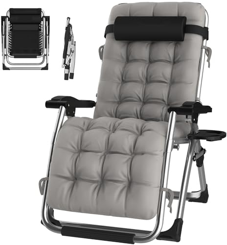 ONKBOITE Sedia a Sdraio Pieghevole da Giardino, Nessuna Installazione, con Supporto per Bevande, Sdraio Relax con Cuscino, Traspirante, per Patio, Giardino, Sedie da Campeggio (Grigio, 72cm)