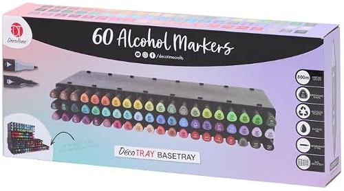 Deco Time Lot de 2 marqueurs à alcool et plateau de rangement empilable – 60 marqueurs à double pointe fine et pinceau à base d'alcool – Marqueurs colorés pour adultes, enfants, artistes