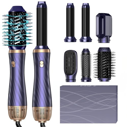 Hairstyler 6-i-1 med luftlocktång, jonisk hårtork, hårstylingapparat, varmluftsborste, rundborste, locktång, plattång, hårtork, luftstylingborste, presenter till kvinnor, blå/guld
