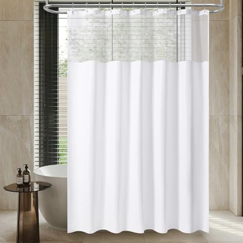 FY&XZH Wasserdichter Duschvorhang mit Leinenstruktur und Mesh-Fenster Oben, inklusive 12 rostfreier Edelstahlhaken, mit beschwertem Saum, Stoff-Duschvorhang für Badewanne, waschbar (183×183 cm, Weiß)
