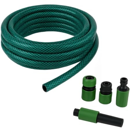 Kinzo Gartenschlauch Set 15 Meter - Wasserschlauch 14mm (1/2) max. 6Bar - mit 3 Kupplungen und 1 Sprühstück - Geeignet für Gartensprenger - Grün