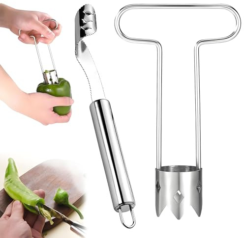 CHENNAN 2 Stück Paprika Entkerner Pepper Corer Jalapeno Pfefferentkerner aus Edelstahl Multifunktionaler Entkerner für Obst und Gemüse aus Edelstahl Küche Zubehör Für Paprika, Apfel, Bananen (Silber)