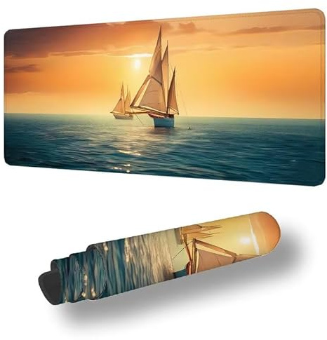 Tapis de Souris XXL 900 x 500 mm Grand Tapis de Souris Gamer BateauSous Main Bureau Bords Cousus Imperméable Antidérapant pour PC, Ordinateur Portable Améliore la Précision et Vitesse, Océan S-11318