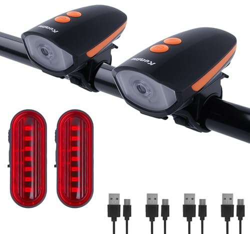 Kunhe Rechargeable Bike Horn with Light Bicycle Front and Rear Lights 2 Sets 1200mah Battery 120dB Bicycle Bell 150 lumens 3 Light Modes 5 Horn Modes Suitable for Children and Adults Night Riding