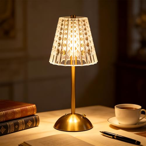 Wxeadu LED Tischlampe Kabellos Vintage, 3 Farben LED Dimmbare Kristall Tischleuchte, 800mah Vintage Schreibtischlampe, Aufladbar Nachttischlampe für Wohnzimmer Schlafzimmer Gaststätte Bar (Gold)
