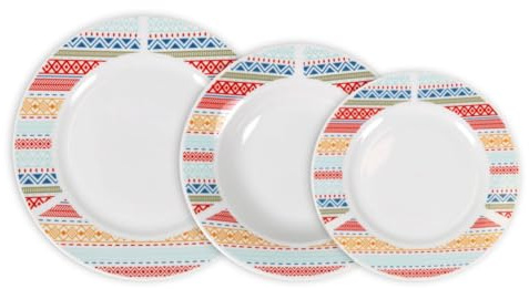 Vajilla Completa Decorada de Porcelana con Colores Vivos – 18 Piezas (6 Platos Llanos 24cm, 6 Hondos 21,5cm y 6 de Postre 19cm) – Diseño Alegre y Original